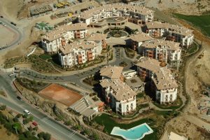 A aerial view of a residential area with many buildings.