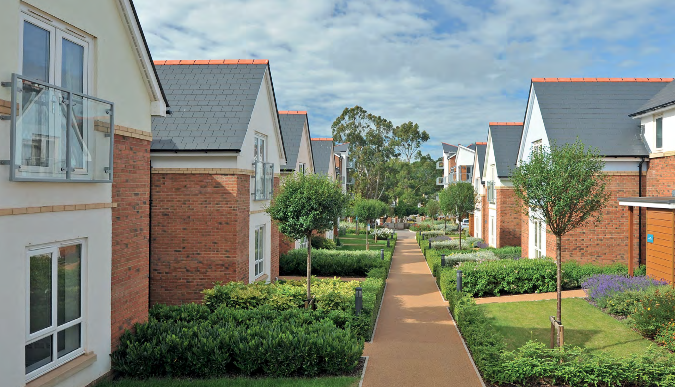 A walkway in the middle of a residential area.
